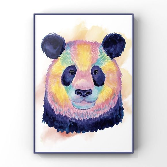 Blue Pink Yellow watercolor Panda portrait wall art home decor poster print - Picture 1 of 4